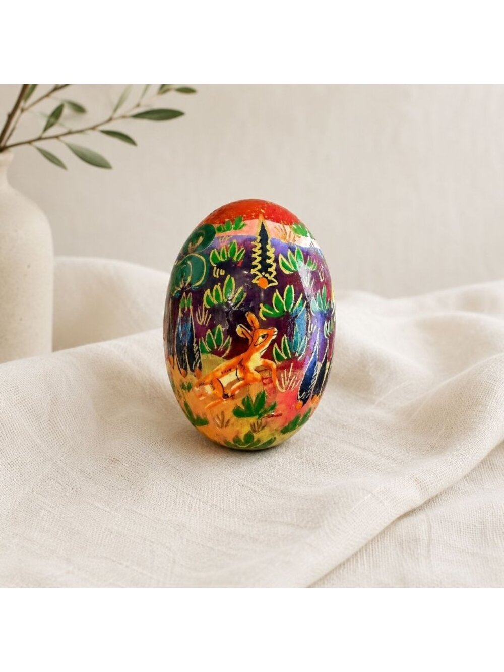 Vintage Kashmiri Paper Mache Egg Hand Painted Deer Folk Art India Decor